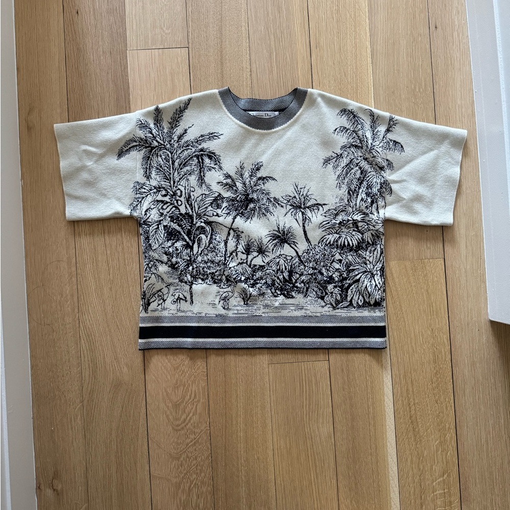 Dior Chez Moi Beige Palm Tree Knit Short Sleeve Sweater - FR 38 (US 6)